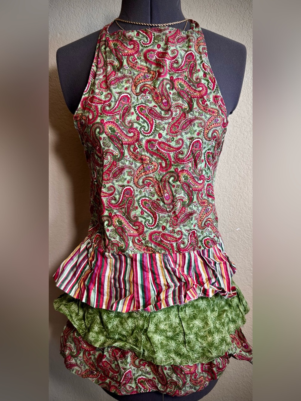 Handmade Vintage Paisley Colorful Ruffle Apron